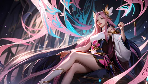 Highest quality, outstanding details, super high resolution, best illustrations, favor details, style image of a woman holding an umbrella, pink style, pink long hair, pink clothing, Irelia, Onmyoji detailed art, extremely detailed art germ, concept art | ...