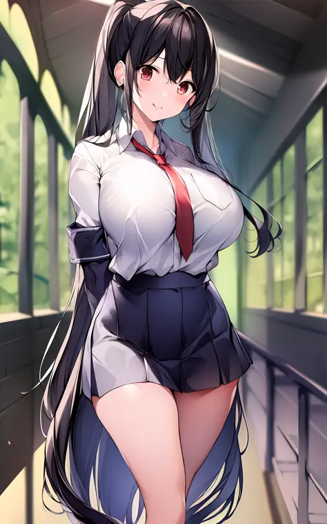 (masterpiece:1.3), 1 girl, solo, best quality, high quality, karory, black hair, long hair, long ponytail, (huge_breasts:1.5), school uniform, red eyes, walking, arms behind back, smile.
