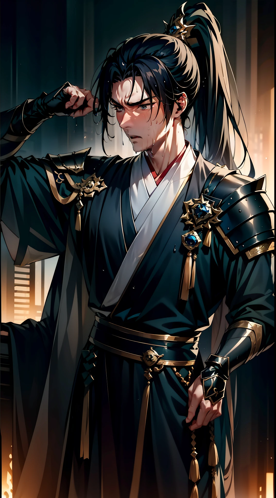 Two-dimensional, anime style, man (male warrior), muscle, correct proportions, face details, martial arts, high ponytail hairstyle, sweating, sweaty face, drooling, neck details, with Adam's apple, wet, wet, Hanfu costume, long robe, embroidered robe, dragon robe, clothing details, collar, long sleeves, game quality, swordsman demeanor, light and shadow tracing, ray tracing, detail glow, CG rendering, hair details, long black hair, golden eyes, sweaty face, handsome, handsome, sweat beads slipping down the neck, (juvenile feeling), complex clothing, wet, wet, perfect composition, refinement, high quality, more details, a lot of details, complex background, atmosphere,