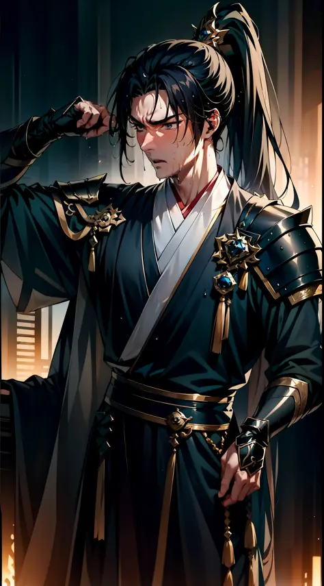 Two-dimensional, anime style, man (male warrior), muscle, correct proportions, face details, martial arts, high ponytail hairsty...