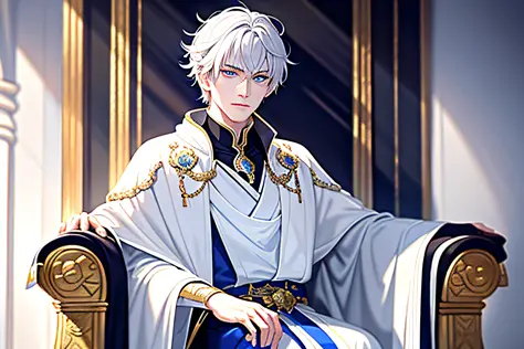 young emperor, portrait, realistic, fantastic, intricate, short white hair, ice mage, wearing a white robe, sitting on an imperi...