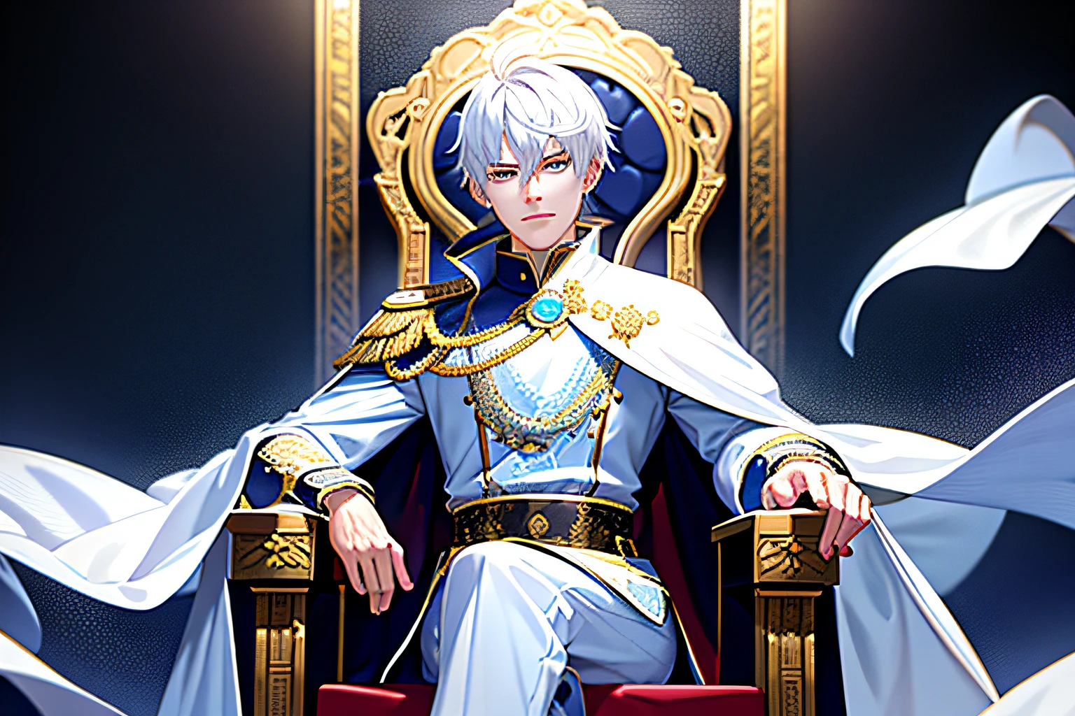 Young emperor, portrait, realistic, fantastic, intricate, short white hair, ice mage, wearing a white robe, sitting on an imperial throne, intimidating inside the palace, very detailed, digital painting, illustration, semi-realism, glowing blue eyes,