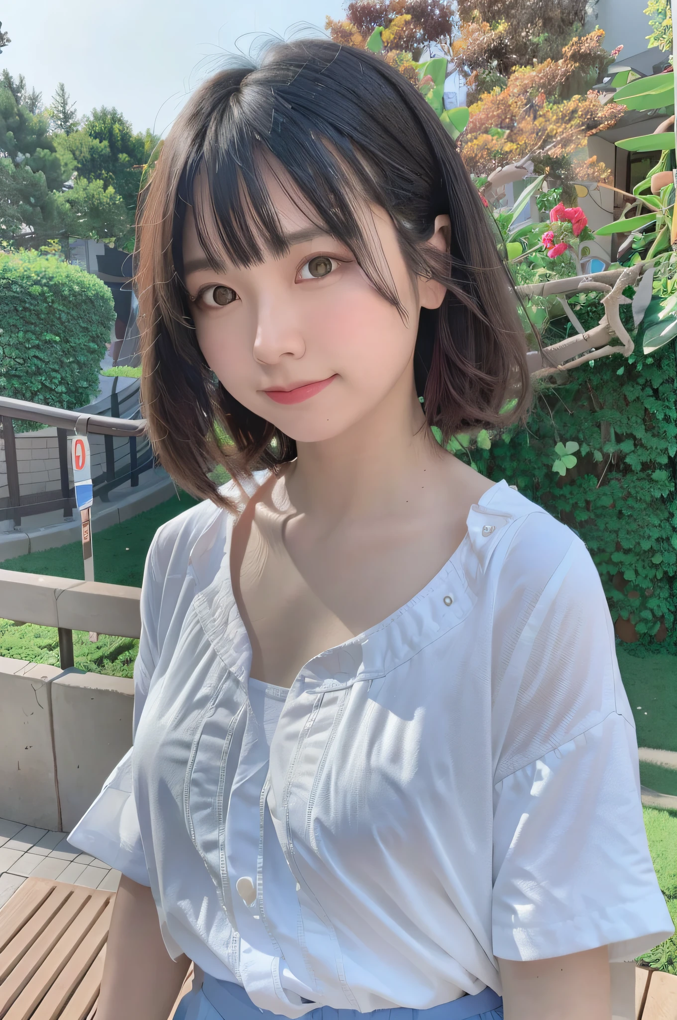 (Best Quality, Ultra High Definition, 8k, RAW Photo, UHD: 1.2, Masterpiece: 1.2), (Realistic, Photorealistic: 1.37), Ultra Detailed, Professional Lighting, Photon Mapping, Radiosity, Physically Based Rendering, Japan Person, One Girl, Solo, Black Hair, Cute, Nice, Adorable, Light Smile, Normal Breasts, Camera Gaze, Upper Body, Beautiful Detailed Blue Sky,