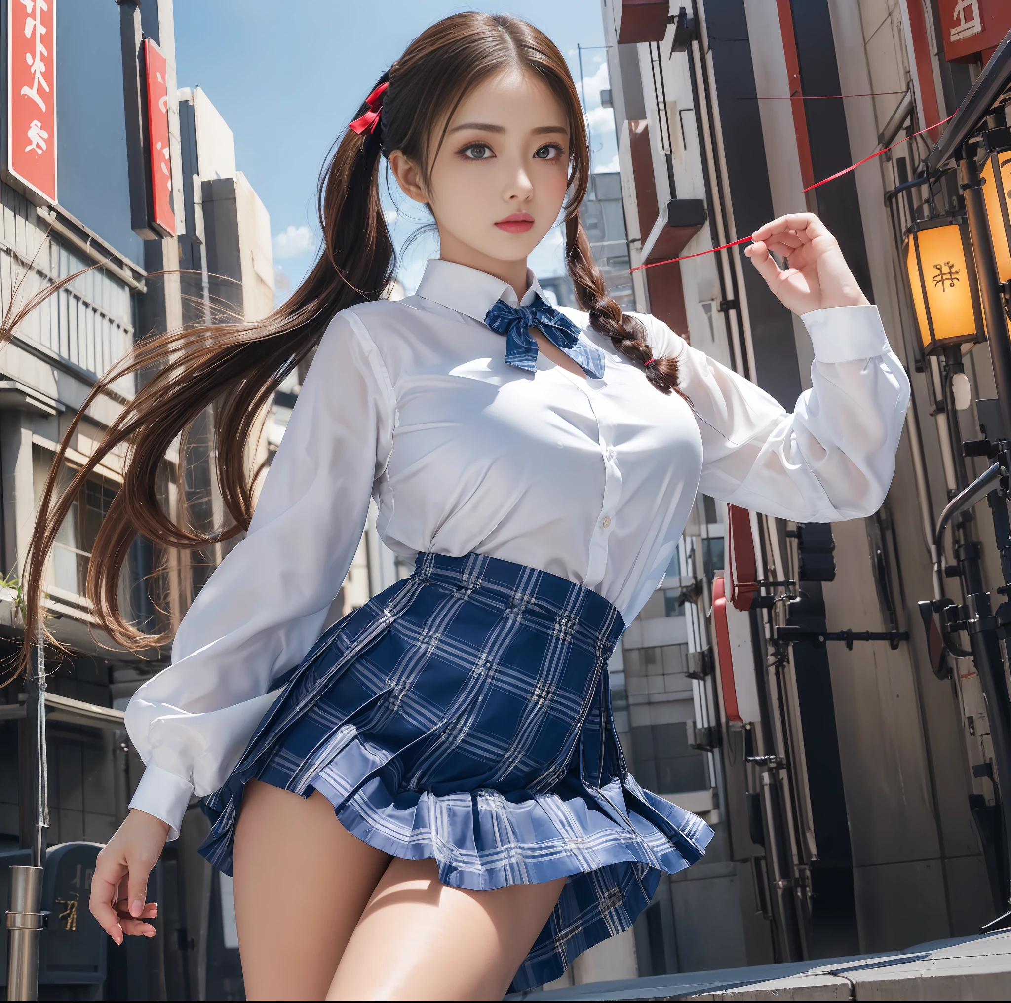 (top quality, masterpiece), 1girl, intricate details, (realistic lighting with shades), huge file size, high resolution, elegant, realistic, (perfect anatomical depiction of the human body), teenage girl is raising dancing legs in Japan  outfit, serious look, girl whitening skin blue eyes and partially braided long hair is a brunette Japan with pigtails, japanese, (very big), (super big), (thin waist), (thin thighs), (baby face), ((crimson ribbon tie)). (neat white blouse of smooth thin fabric), (blouse breasts are very cramped), (no bra), (dark areola), (blouse crushes large breasts and spreads to the side), (dark blue tartan check micro mini pleated skirt), (white and large panties covering the buttocks), ((no skin exposed on the upper body)), (neat clothes with all buttons fastened), ( The hem of the blouse is tucked inside the skirt), (The belly, back and breasts are hidden by the blouse and cannot be seen directly), (Beautiful big blue eyes), (Thin and clear double eyelid lines in the eyes), (Glossy, plump and brightly toned tear bags under the eyes), (Light blue iris), (Some highlights on the iris and pupil), (red representation of the conjunctiva), (Long eyelashes that are well visible), ( Blouse with super big), (skin and hair sparkling in the sunlight), Daytime city shot, cameltoe, (beautiful pose facing front or backward), perfect hands, nice hands, bowtie,