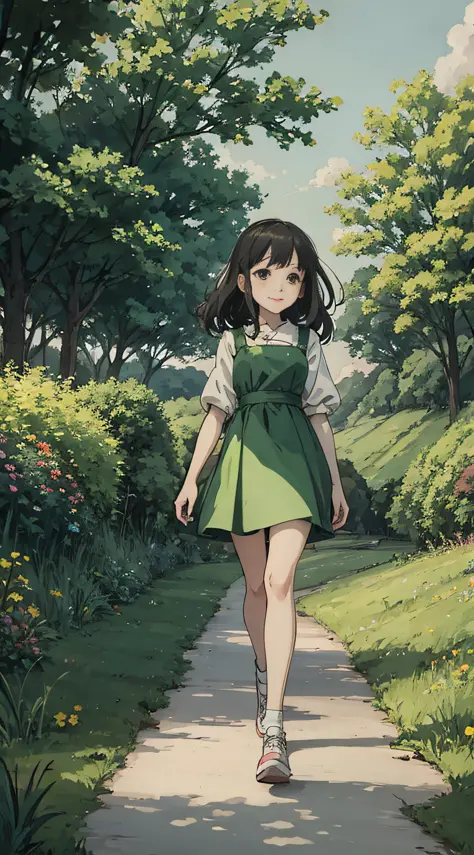 Anime girl walking on path in field, pet cat, with a cat next to it, anime visual of cute girl, digital anime illustration, beautiful anime art style, anime style illustration, anime style. 8k, soft anime illustration, official art, anime illustration, art...