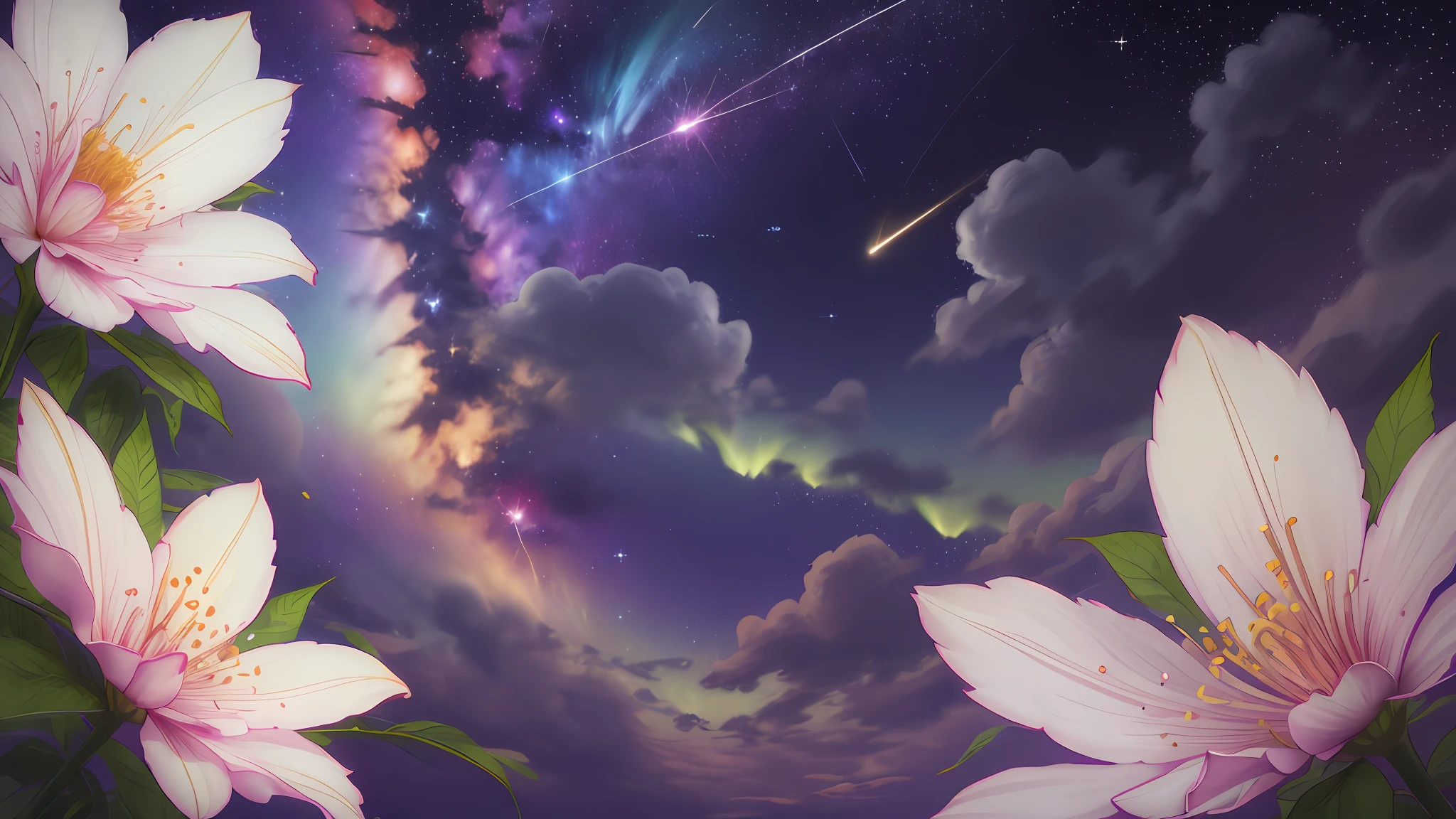 (zoomed out:1.1), (meteor shower:1.2), (comet:1.1), low angle, aroura borealis, shooting star, cloud, colorful, starry, stars, night, flower field, flower blossom, night sky, beautiful flowers, night theme, Surrealism, high detail, from below, from below, Hyperrealism, Impressionism, best quality, masterpiece, UHD, retina, award winning, 4K, anatomically correct, super detail