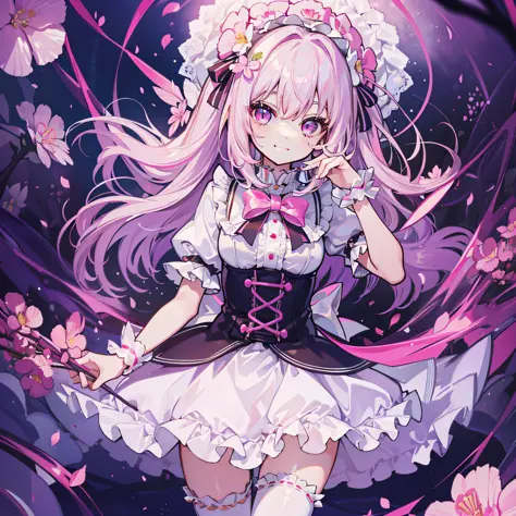 (Best Quality:1.5, Vivid:1.1, Detailed:1.2), Close-up of camera angle, Fresh girly smile, Lolita costume white silky, long legs exposed, pink garland, mysterious atmosphere