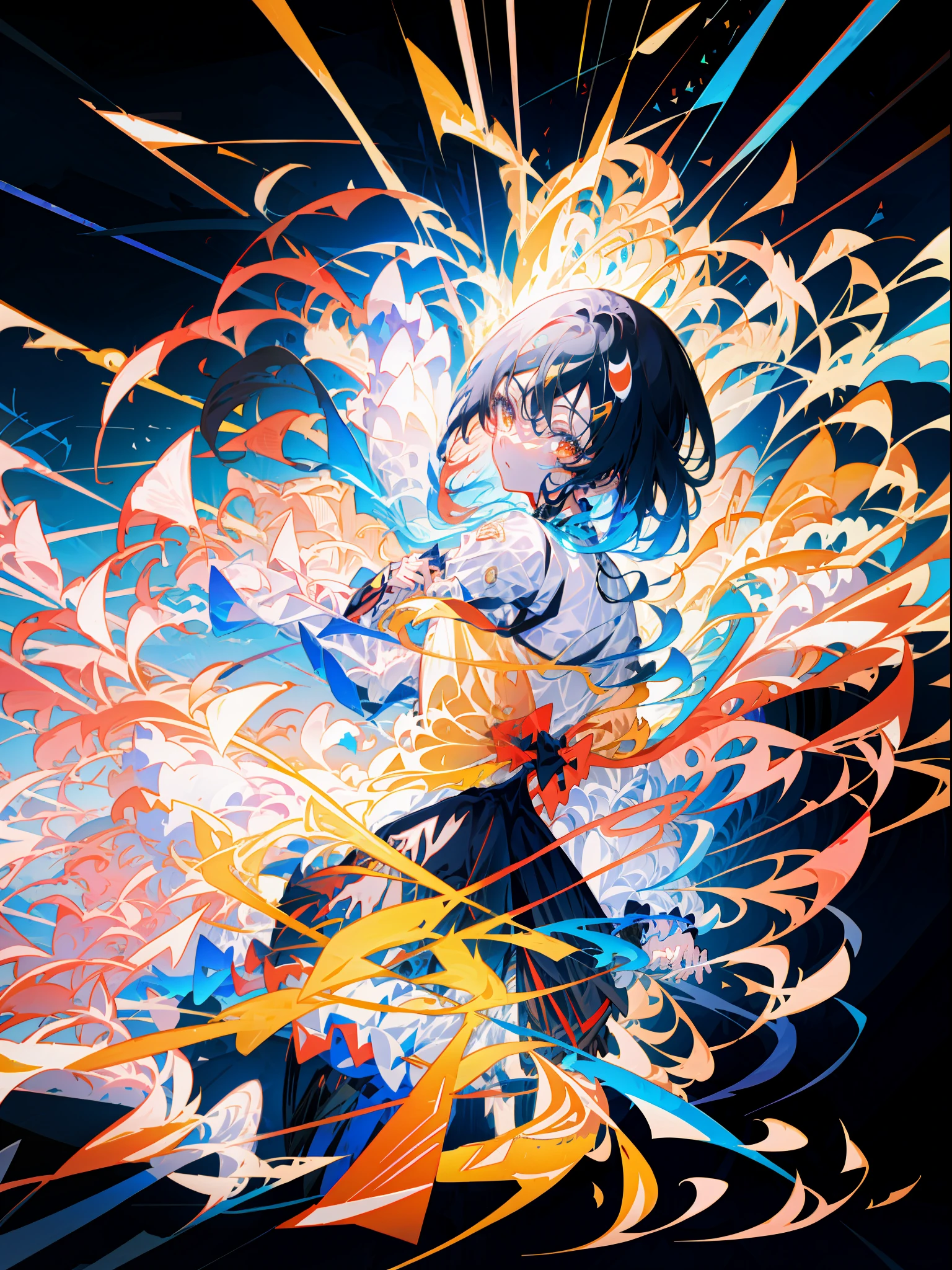 anime characters are flying in the air with a black background, bakemonogatari, very detailed bd cover, anime cover, official artwork, anime key visual”, illustration!, anime background key visual, satoshi kon artstyle, megumin, manga cover style, anime style”, railgun, by Naka Bokunen, “ anime, official anime artwork