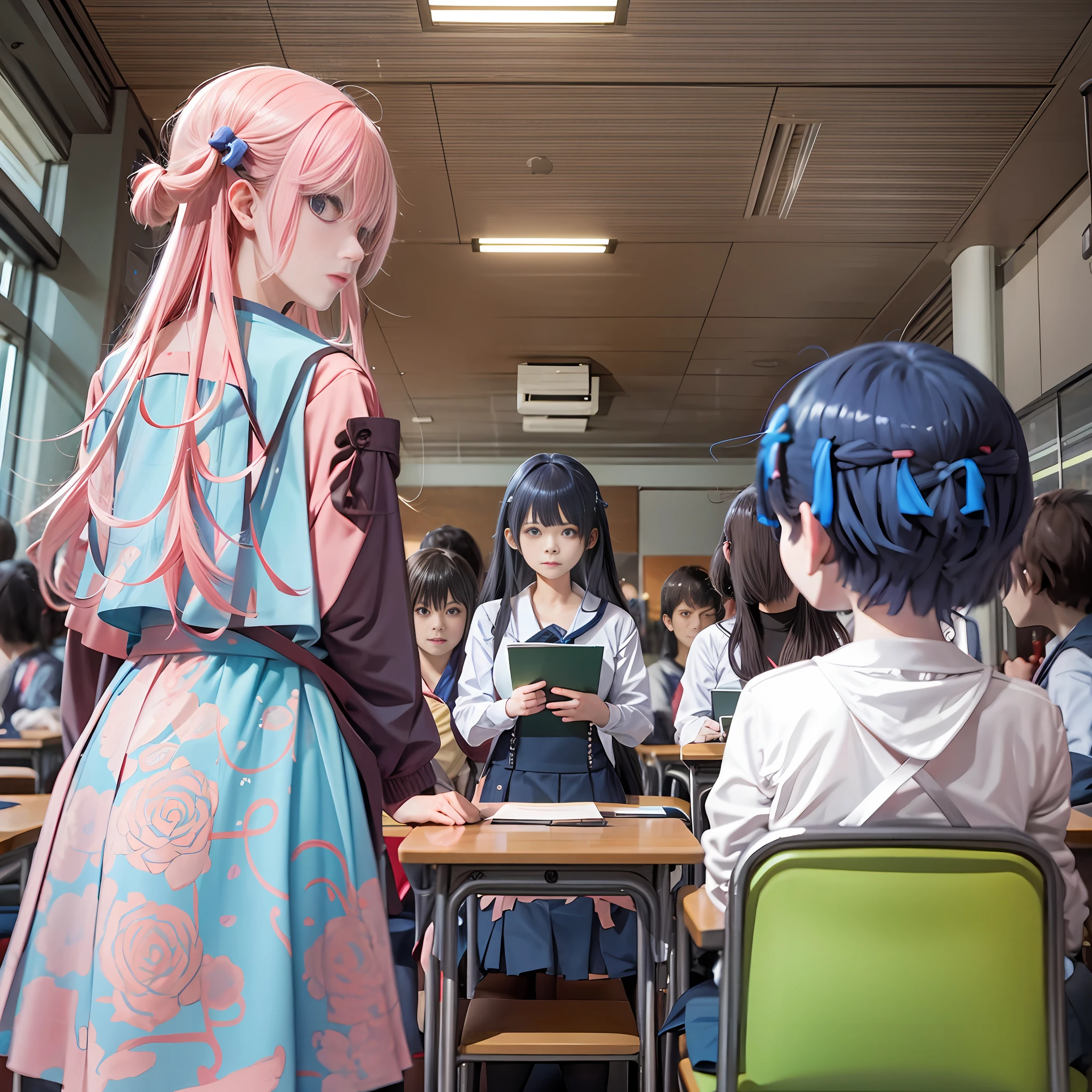 Um garoto de anime no canto da sala de aula, sentado, cabelo branco