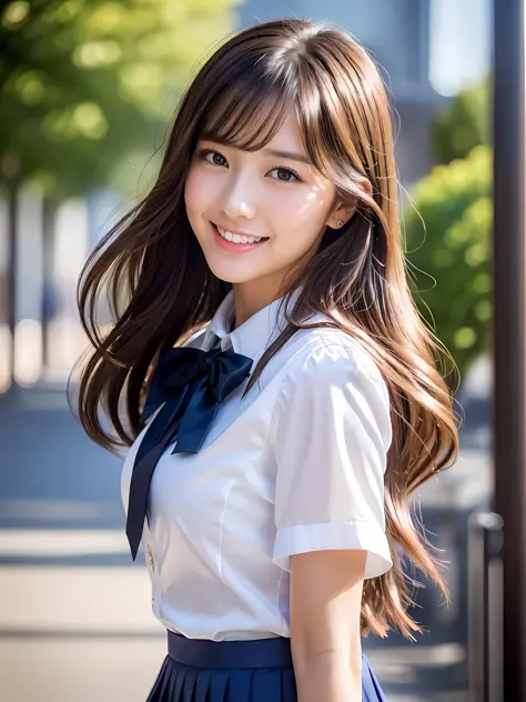 masterpiece, close up shot of a face, directly front view, 1 woman per 1 photo, a Japanese young pretty woman, walking on a school corridor with carrying a satchel on her shoulder with big smile, glamorous figure, wearing a short sleeves silky white collar...