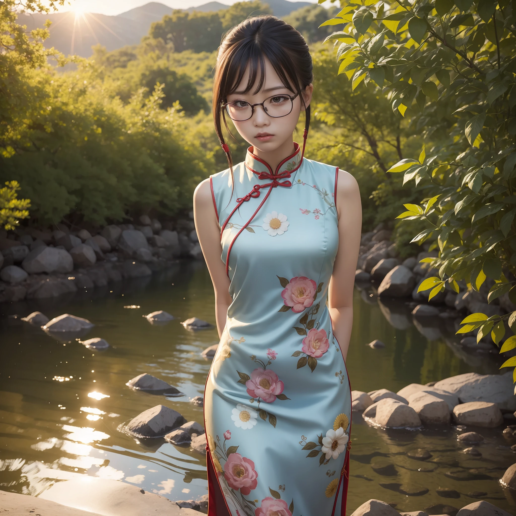 Arafed asian woman in a blue dress standing in a river - SeaArt AI