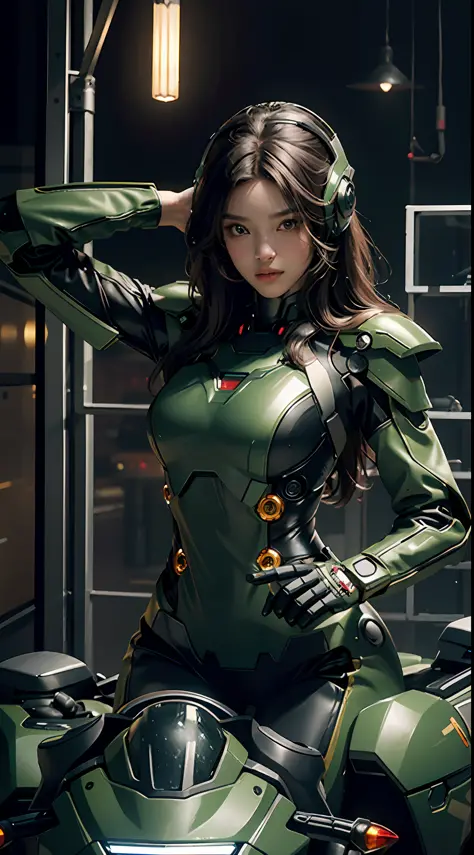 Highest quality, outstanding detail, super high resolution, (realism: 1.4), the best illustration, favor details, highly condensed 1girl, with a delicate and beautiful face, dressed in black and green mecha, Iron Man, rack, Transformer, wearing a mecha hel...