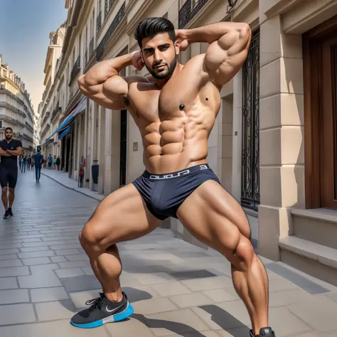 muscle man walking on street, underwear thong, strong legs