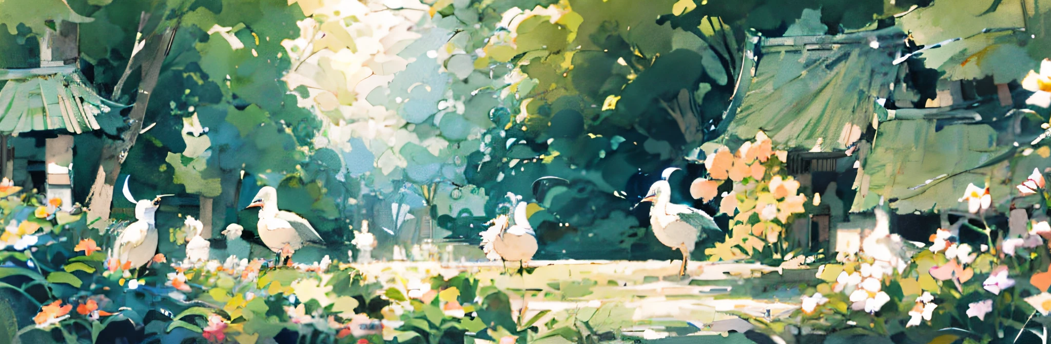 hay un cuadro de una niña y dos pájaros blancos en un bosque, dreamy ilustración, ilustrado en estilo caprichoso, a beautiful artwork ilustración, ilustración!, bellamente ilustrado, bosque caprichoso, Por Ni Duan, blurry and dreamy ilustración, inspirado por Pascale Campion, cute ilustración, por Mei Qing, por Yuko Tatsushima, Un bosque con conejitos