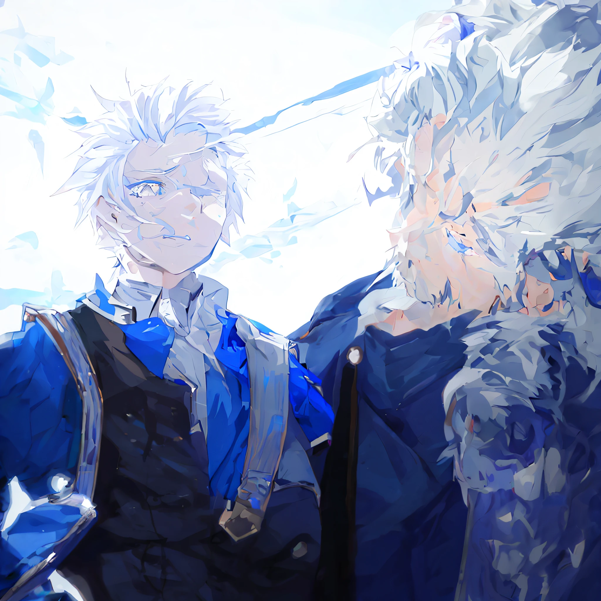 High-quality 2D artwork produced by the Anime Painter's Studio depicts a fan art oriented man with white hair, blue eyes and white hair, blue skin, giving a very energetic feeling, possibly crying like an elf, and the portrait showing the charismatic image of Kirua Zordik, red and blue eyes and white hair are highlights.