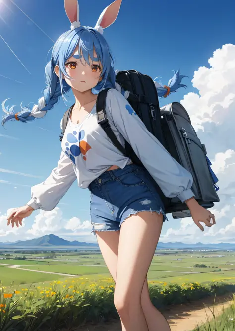 (人物: Usada Pekora), bunny girl, blue hair, twin braids, a girl, solo, The vast sky, beautiful skyline, large grasslands, extreme...