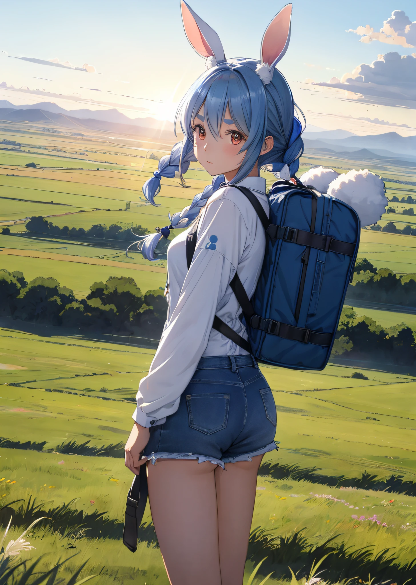 (人物: Usada Pekora), bunny girl, blue hair, twin braids, a girl, solo, The vast sky, beautiful skyline, large grasslands, extremely tense and dramatic pictures, moving visual effects, high hanging Polaris, colorful natural glare. A girl in a long-sleeved top and denim shorts with a side backpack