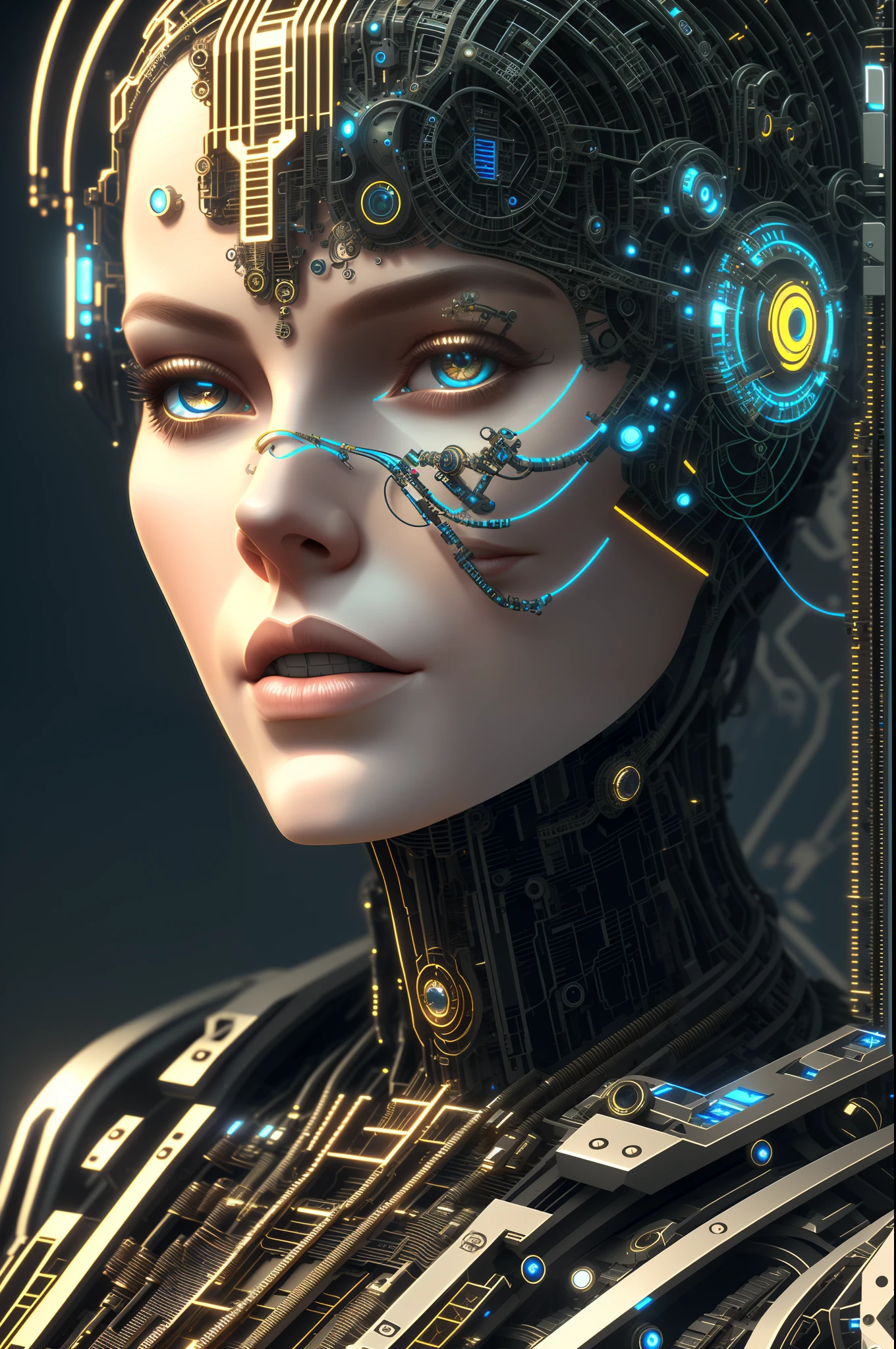 cyborg complet du corps| portrait en pied| visage détaillé| symétrique| steampunk| cyberpunk| cyborg| complexe détaillé| mettre à l&#39;échelle| hyperréaliste| éclairage cinématographique| art numérique| art conceptuel| style mdjrny-v4