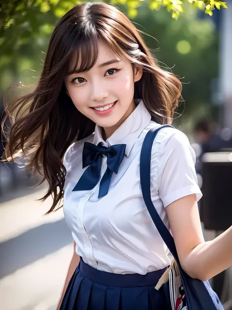masterpiece, close up shot of a face, directly front view, 1 woman per 1 photo, a Japanese young pretty woman, hyper pretty face, 18 years old, walking on a school corridor with carrying a tote bag on her shoulder with big smile, waving her hand to say goo...