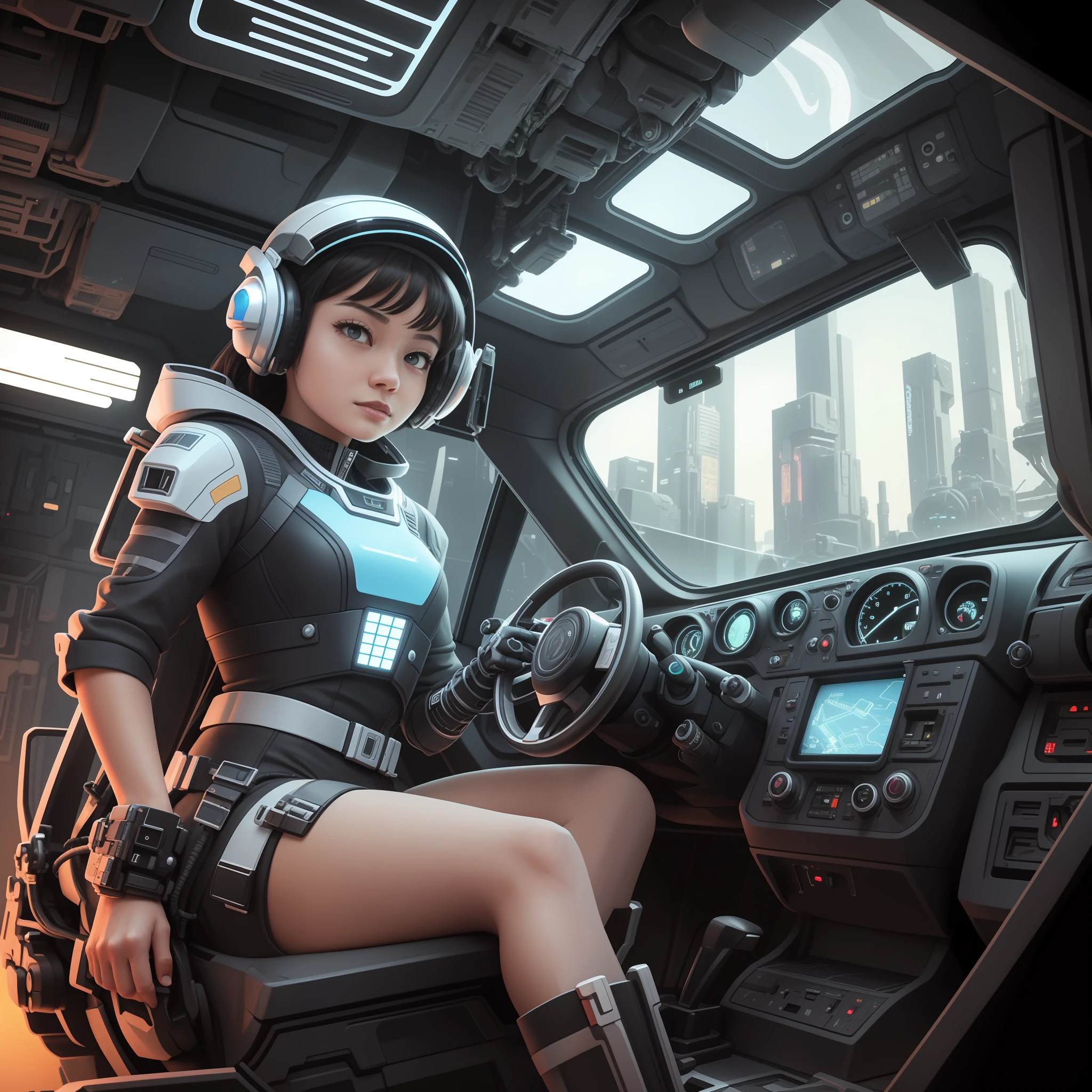 Zeichentrickfigur von Disney, Das Mädchen, das das Raumschiff steuert, Wearing a cyberpunk mech, Astronautenhelm, Der Hintergrund ist das Innere des Cockpits, mechstechnology, Hyperdetails, Stil Kleidung, Ganzkörper-Frontansicht, zarte Merkmale, Metall, Symmetric, Studiobeleuchtung, ultra-details, ultrahd, Brustschuss(MCU), 3D, blender, oc renderer, beste Qualität, 8k  --ar 3:4 --less 5 --s 400 --auto --s2