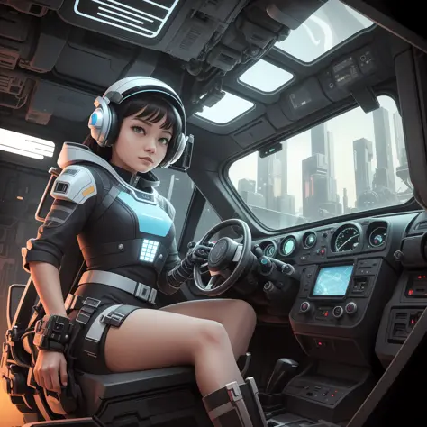 disney animated character, The girl driving the spaceship, Wearing a cyberpunk mech, Astronaut helmet, The background is the int...