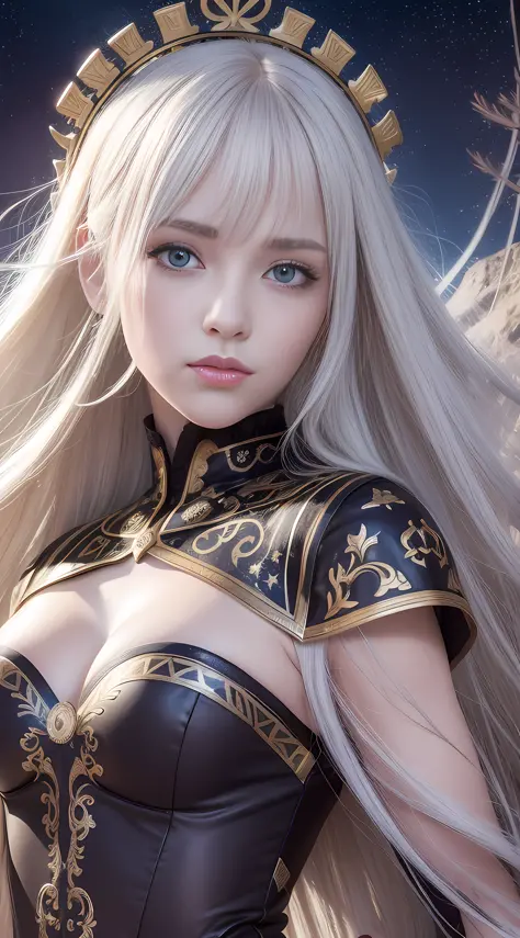 absurd, high resolution, super detailed), 1 woman, young woman, wavy long hair, white hair, black eyes, bangs, long sleeves, fine eyes and detailed face, extremely detailed CG Unity 8k wallpaper, intricate details, looking down, solo, half shot, detailed f...