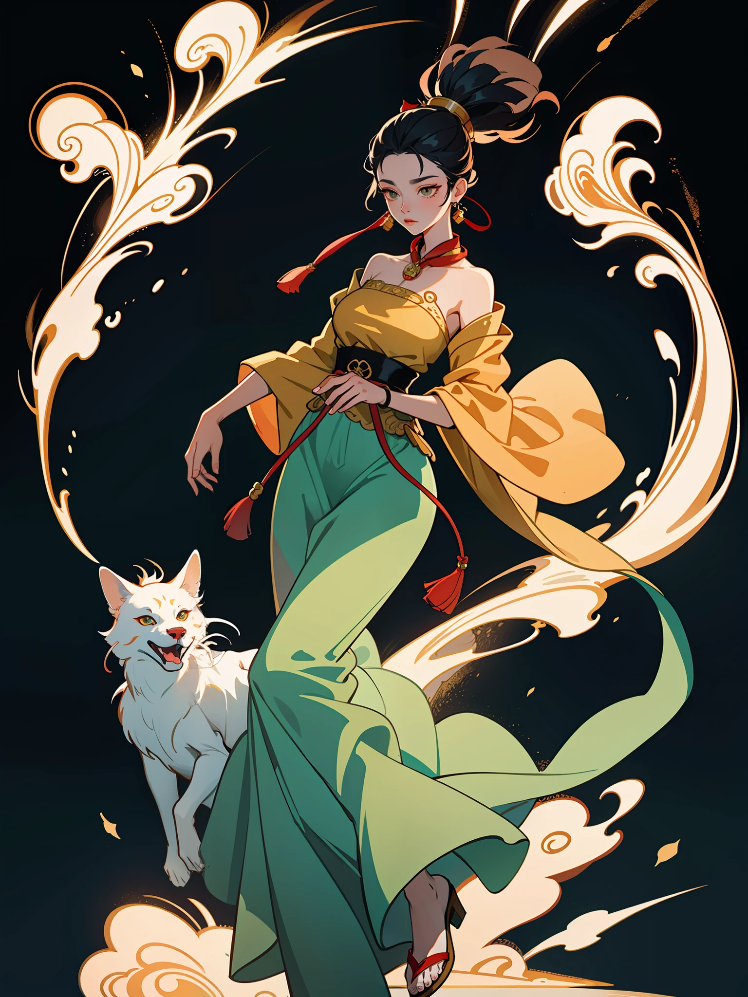 An ancient Chinese woman, fox eyes, full body, a fox tail, amazing facial features, flowing skirt leaking neck and shoulders, loose tunic, intricate design, fox tattoo, white background, game model, stunning lighting, C4D, OC rendering, cinematic edge light, fine light, masterpiece, ultra detail, epic composition, super HD, high quality, highest quality, 32k