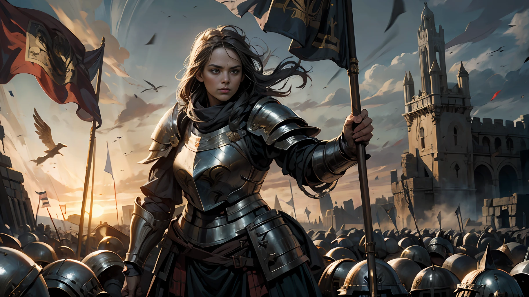 1 garota, cavaleiro, armadura pesada, Idade Média, de pé no antigo campo de batalha, bandeira voadora, alvorecer da vitória