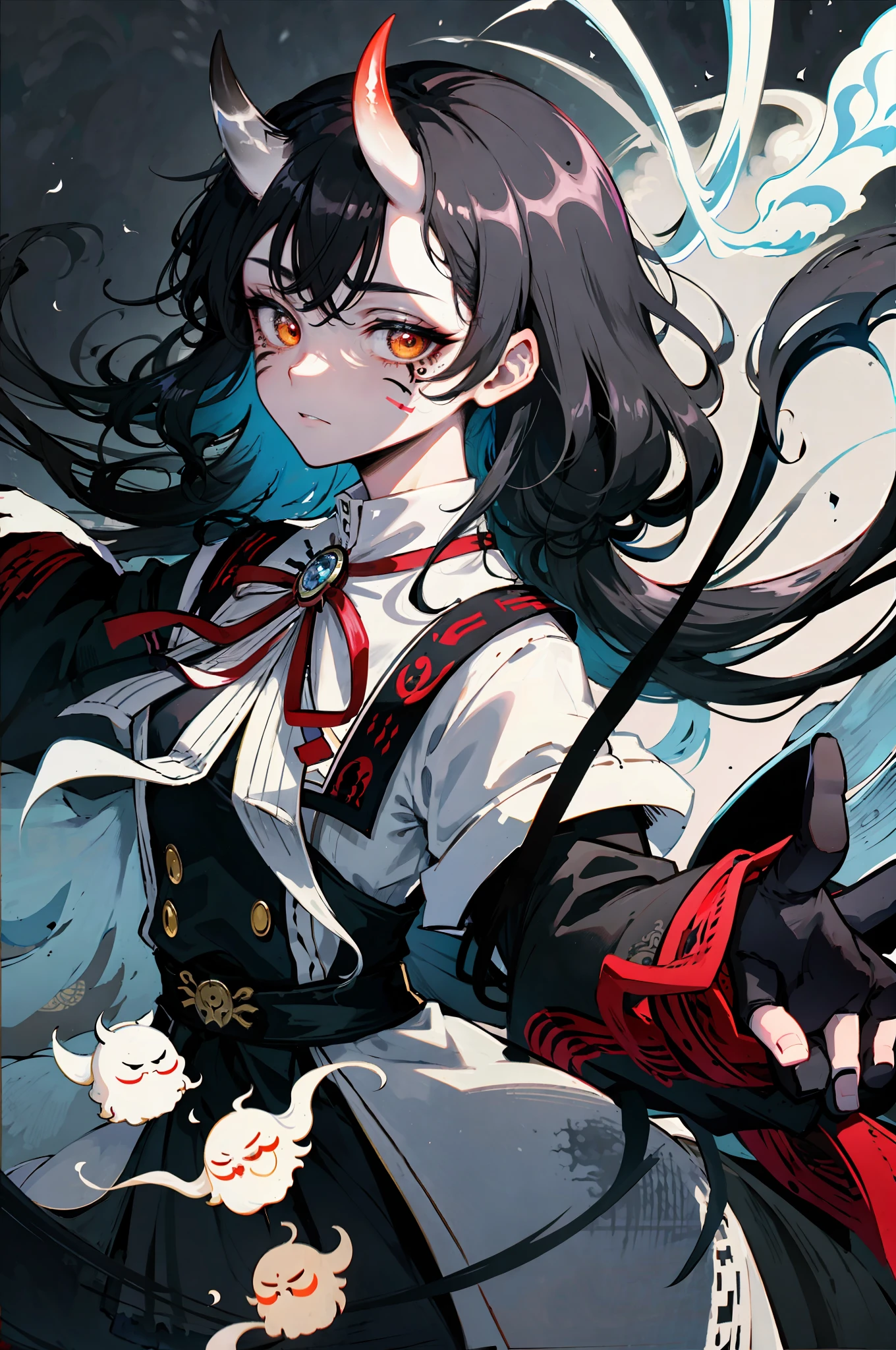 Masterpiece, Best Quality, (Intricate Details: 1.2), Beautiful Face, Anime Illustration, (Black and White Theme), Ukiyo-e, ((1girl, (Facial Tattoo: 1.2), Little Ghost Horn, )), Anime Girl with Tiger Eyes and Black Hair, Red Eyes, This painting depicts a person holding a tiger head up close and presents a dark witch-like character. She has beautiful long hair, white and black hair, and this painting is a beautiful comic art. The character is murderous, as if he wants to bite down, with crystal clear hair and wary eyes. But on the screen, you can see the incarnation of the holy elements of the gods