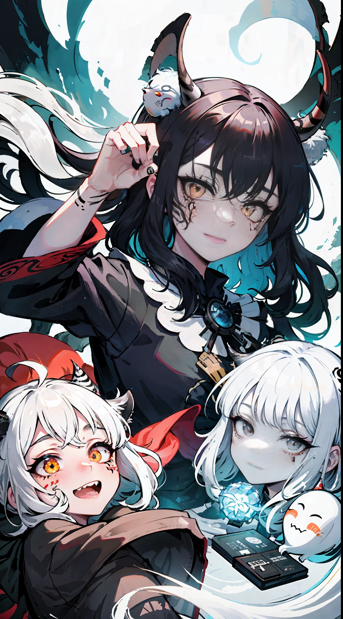 Masterpiece, Best Quality, (Intricate Details: 1.2), Beautiful Face, Anime Illustration, (Black and White Theme), Ukiyo-e, ((1girl, (Facial Tattoo: 1.2), Little Ghost Horn, )), Anime Girl with Tiger Eyes and Black Hair, Red Eyes, This painting depicts a person holding a tiger head up close and presents a dark witch-like character. She has beautiful long hair, white and black hair, and this painting is a beautiful comic art. The character is murderous, as if he wants to bite down, with crystal clear hair and wary eyes. But on the screen, you can see the incarnation of the holy elements of the gods