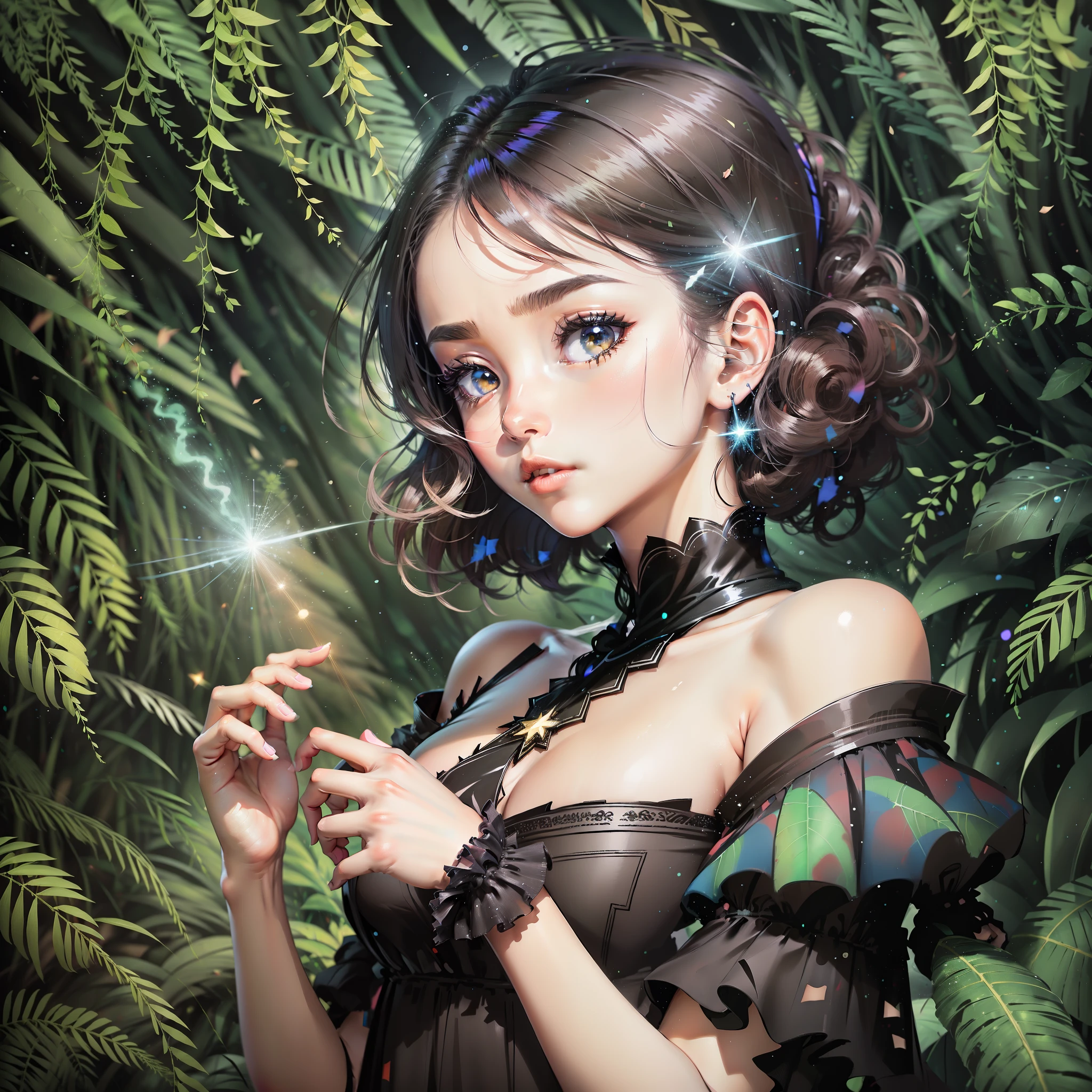 Masterpiece, best quality, super high resolution, fluorescent color, 1 girl, looking at the audience, beautiful face, beautiful eyes, (bare shoulder: 1.2), head up, upper body, forest, shiny hair, shiny skin, glowing cut, chibi, hands not shown: 1.5, black starlight dress, particles