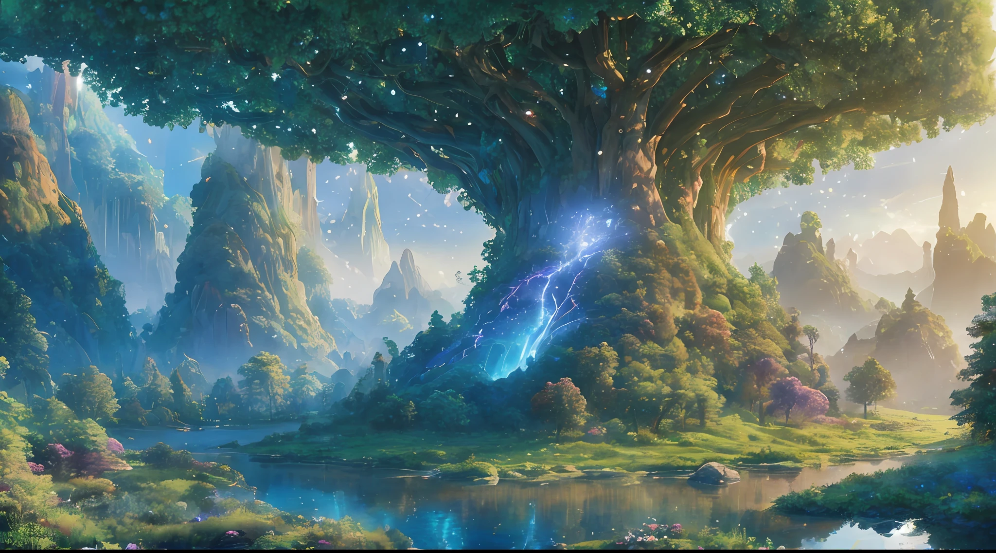 Illustration of a hyperrealistic , otherworldly, ultrasky scene featuring a giant crystal tree full body,very detailed and magical lighting, intricate forest details, vegetation and river around, solarpunk ,landscape, giant tree, beatifull leafy with beautiful lighting and realistic proportions, as if it were a cinematic background, 8k, highest quality, masterpiece, clouds and stars in the sky.