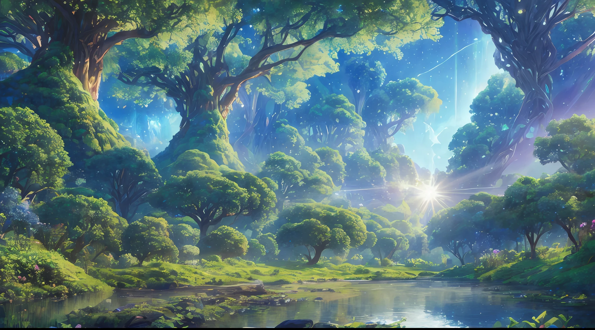 Illustration of a hyperrealistic , otherworldly, ultrasky scene featuring a giant crystal tree full body,very detailed and magical lighting, intricate forest details, vegetation and river around, solarpunk ,landscape, giant tree, beatifull leafy with beautiful lighting and realistic proportions, as if it were a cinematic background, 8k, highest quality, masterpiece, clouds and stars in the sky.