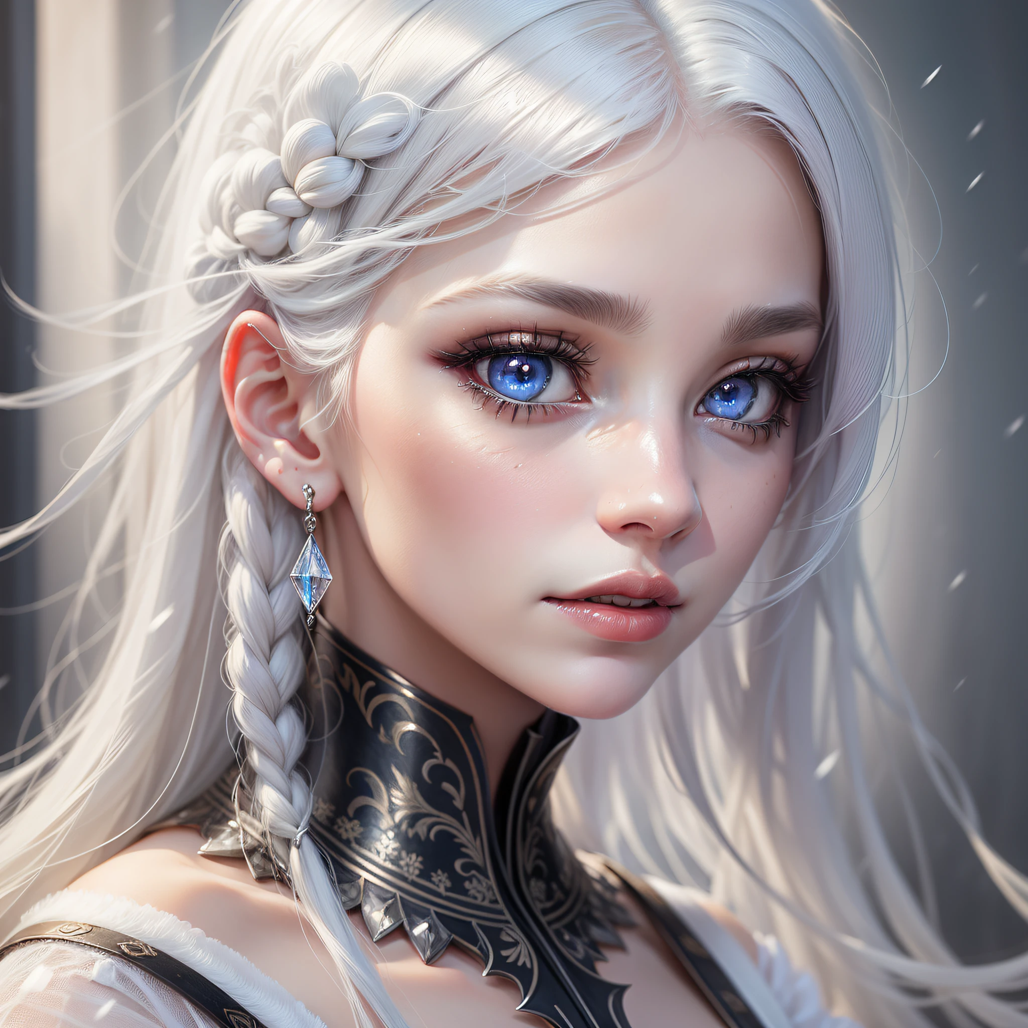 close up potrait of a young lady who has white hair which is like snow and delicate skin, upper body, (extremely detailed eyes, nose, ears, lips, face), beautiful and crystal clear eyes