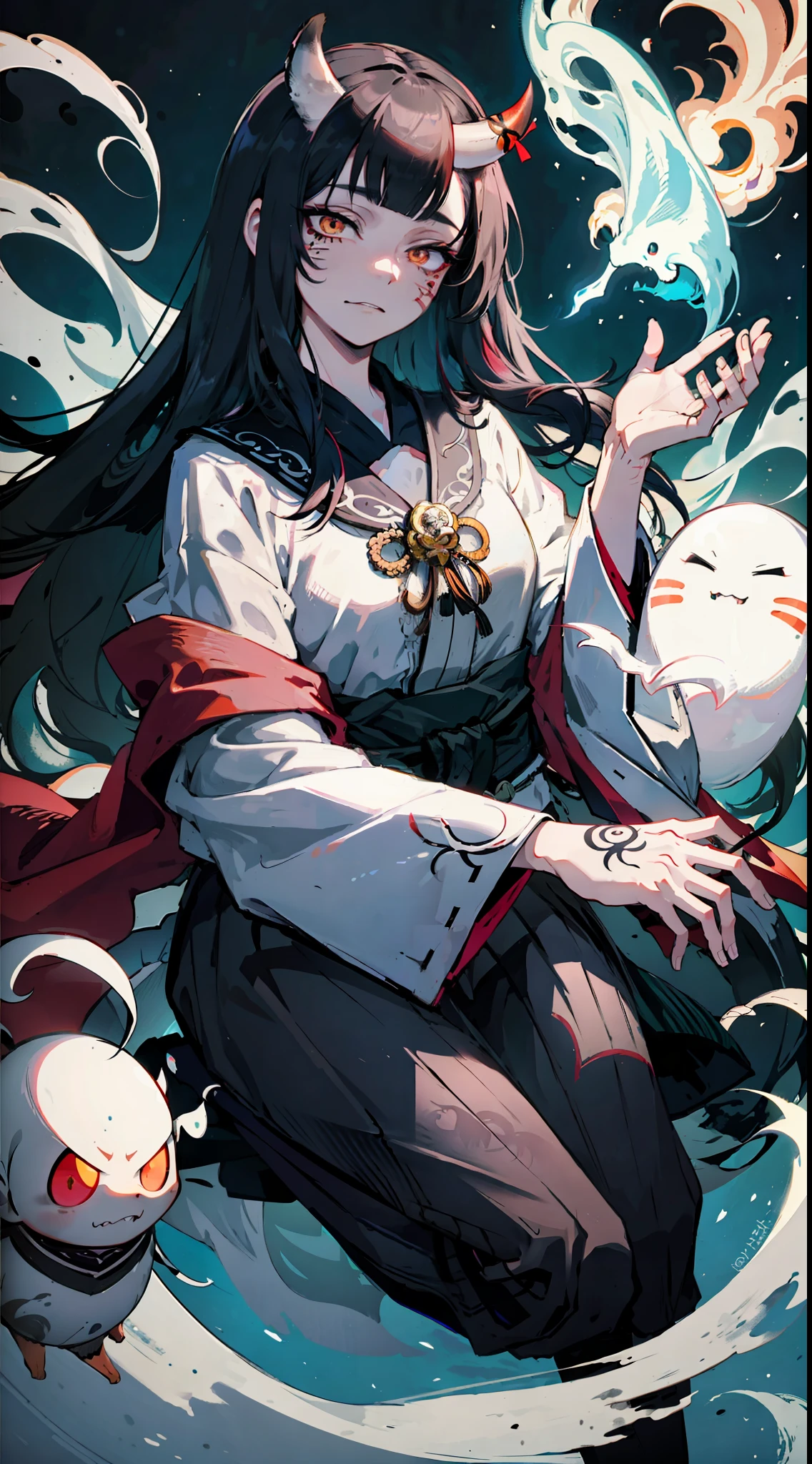 Masterpiece, Best Quality, (Intricate Details: 1.2), Beautiful Face, Anime Illustration, (Black and White Theme), Ukiyo-e, ((1girl, (Facial Tattoo: 1.2), Little Ghost Horn, )), Anime Girl with Tiger Eyes and Black Hair, Red Eyes, This painting depicts a person holding a tiger head up close and presents a dark witch-like character. She has beautiful long hair, white and black hair, and this painting is a beautiful comic art. The character is murderous, as if he wants to bite down, with crystal clear hair and wary eyes. But on the screen, you can see the incarnation of the holy elements of the gods