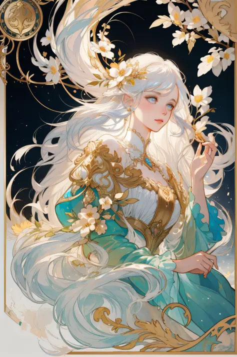 ((gorgeous princess)), (with long flowing white hair), (bright and beautiful eyes), trending on art station, flower of hope by j...