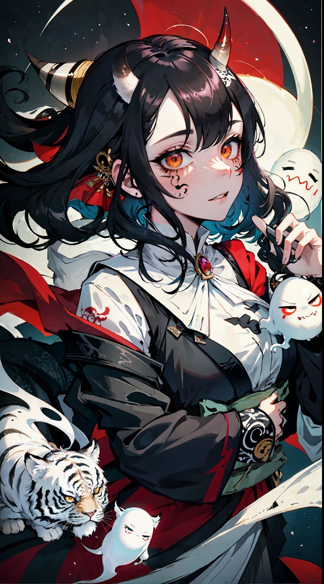 Masterpiece, Best Quality, (Intricate Details: 1.2), Beautiful Face, Anime Illustration, (Black and White Theme), Ukiyo-e, ((1girl, (Facial Tattoo: 1.2), Little Ghost Horn, )), Anime Girl with Tiger Eyes and Black Hair, Red Eyes, This painting depicts a person holding a tiger head up close and presents a dark witch-like character. She has beautiful long hair, white and black hair, and this painting is a beautiful comic art. The character is murderous, as if he wants to bite down, with crystal clear hair and wary eyes. But on the screen, you can see the incarnation of the holy elements of the gods