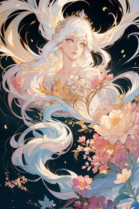 ((gorgeous princess)), (with long flowing white hair), (bright and beautiful eyes), trending on art station, flower of hope by j...