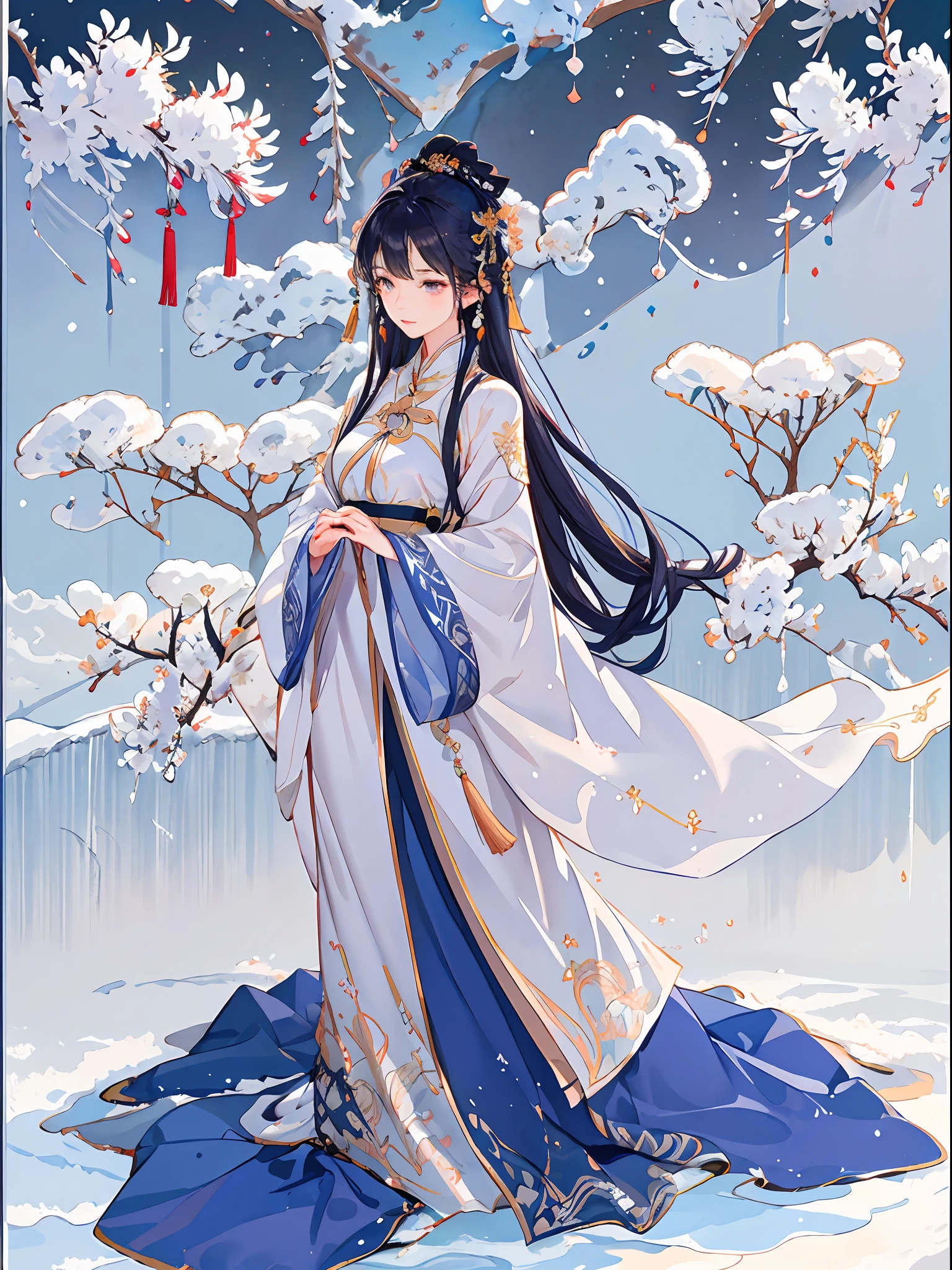 Best quality, intricate details, high resolution, (beautiful details water: 1.4), (Hanfu fox cape,), 1 gentle woman, delicate facial features, eyes wrapped in white gauze, whole body, standing posture, snowy days, flying snow