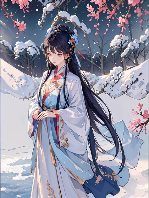 Best quality, intricate details, high resolution, (beautiful details water: 1.4), (Hanfu fox cape,), 1 gentle woman, delicate facial features, eyes wrapped in white gauze, whole body, standing posture, snowy days, flying snow