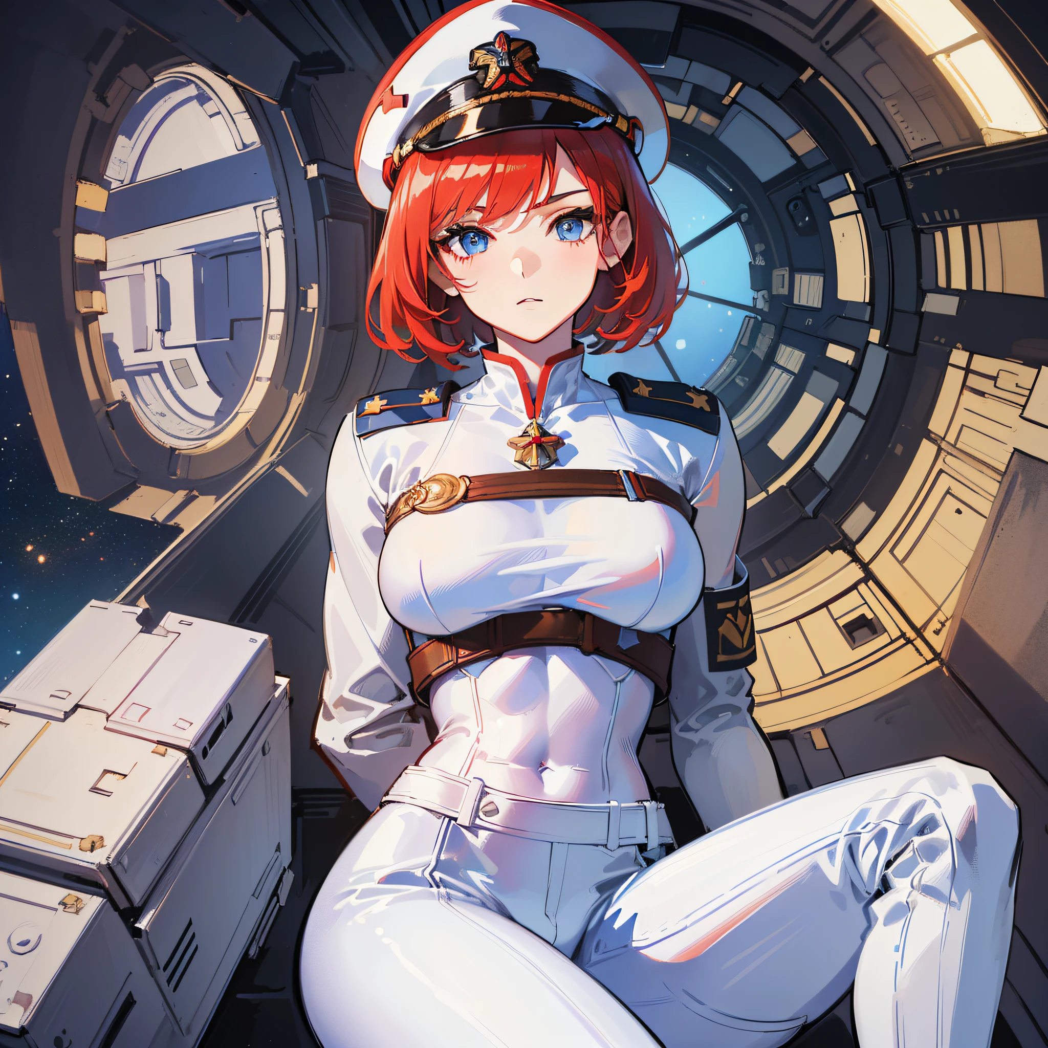 ((Masterpiece)), ((highest image quality)), ((highest image quality)), (illustration of one girl), full body, short red hair, (thin hair hanging down both sides of the face), blue eyes, ((tall)), ((muscular strong body)), (((manspreading)), (military uniform)), ((military hat)), (white clothes), (white pants), (white hat), ((inside a spaceship)), (outside the window, space, Earth seen from space)