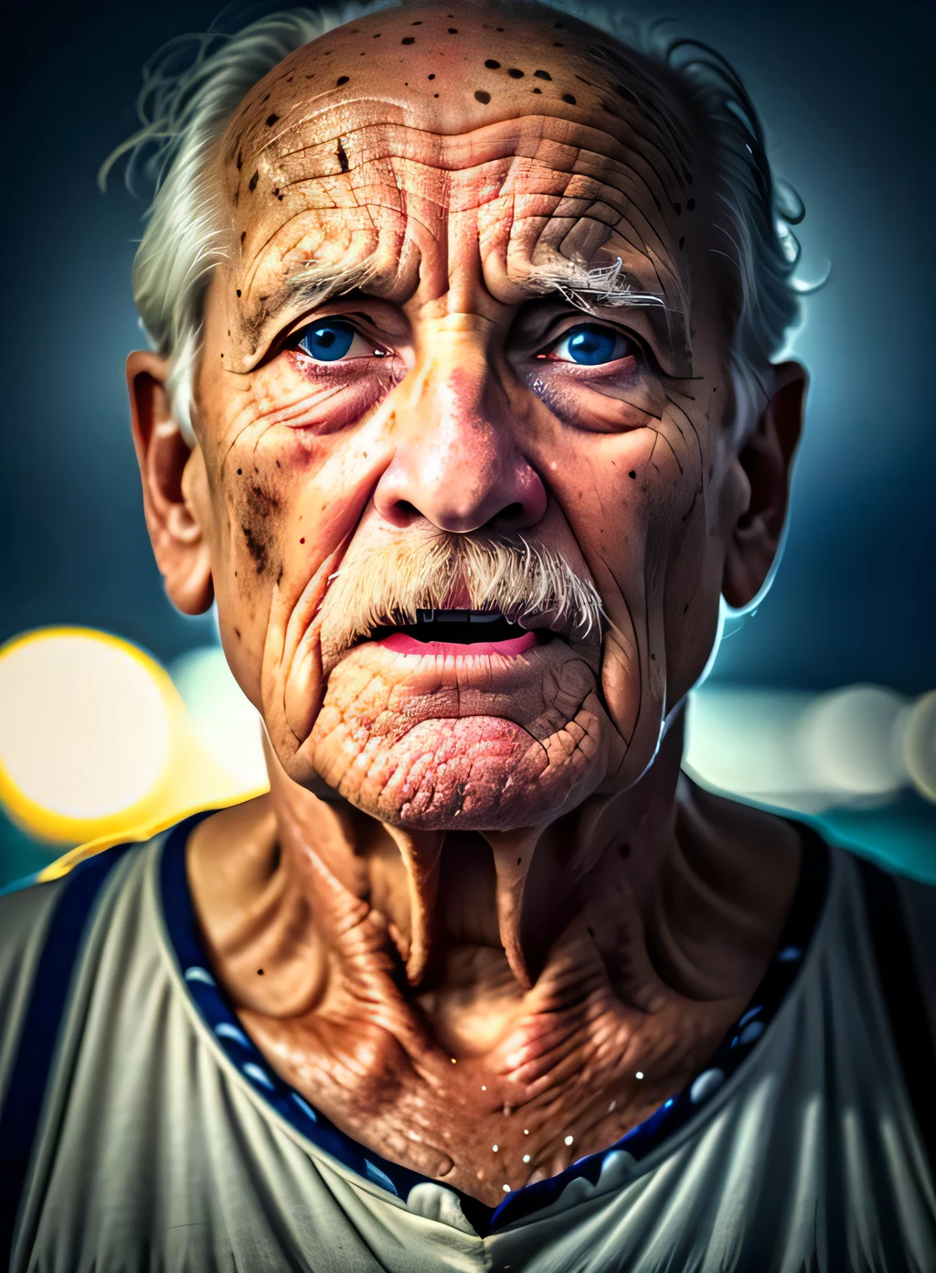 award winning upper body portrait photo of an old screaming sailor, eyes looking upwards, (bokeh:0.7), sidelit, (wrinkled face in detail:0.7), telephoto, moonlit, torchlit, gritty atmosphere, oceanic night exterior, realistic, intricate details, true aged skin texture