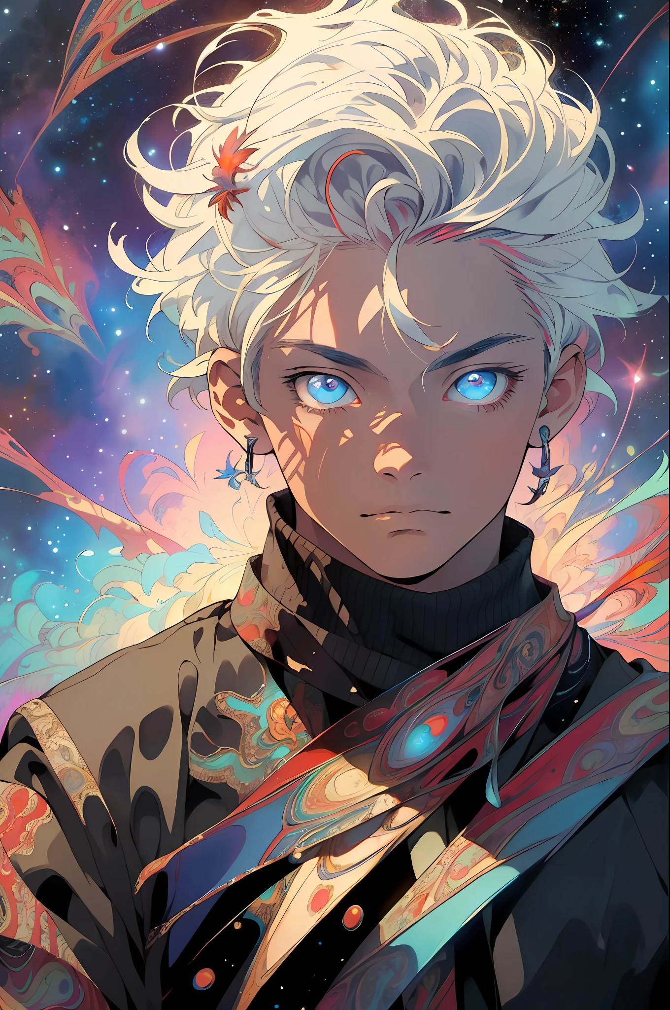 Realistic, (Masterpiece, Top Quality, Best Quality, Official Art, Beauty and Aesthetics: 1.2), Very Detailed, Fractal Art, Colorful, Most Detailed, Zentangle, (Abstract Background: 1.5) (1boy: 1.3), God, White Hair, Short Hair, (Glowing Blue Eyes), Mysterious, Starry Sky, Handsome Man, (((Lycoris radiata)))