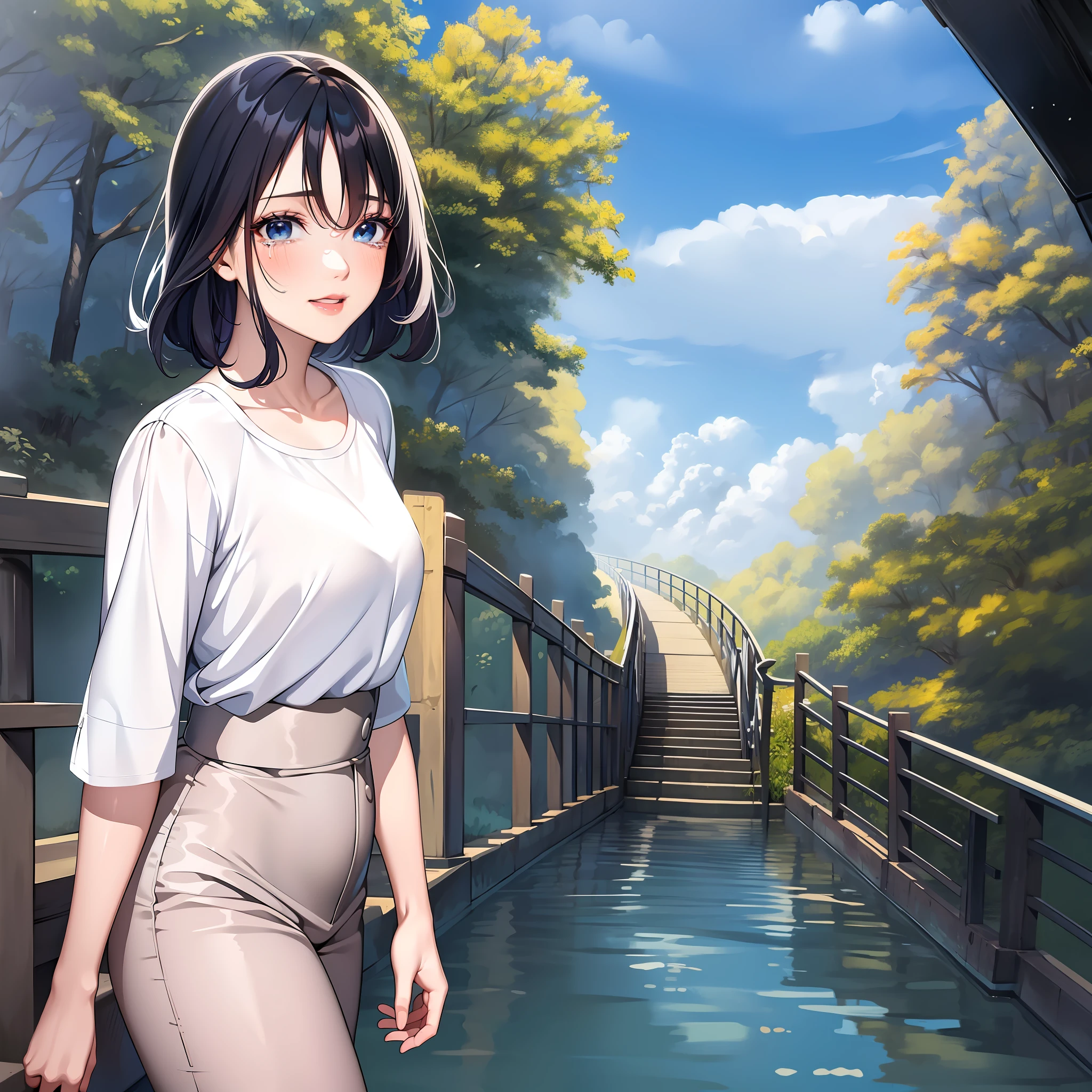 (Crying expression: 1.9),(8K, top quality, masterpiece: 1.2), 1 girl, Japan, woman in her 50s, blue sky, daytime, professional lighting, hair is a little wavy, hair a little longer than shoulders, person with a gentle atmosphere, (anime style: 1.4), rusty personality, casual clothes, (white clothes: 1.4)