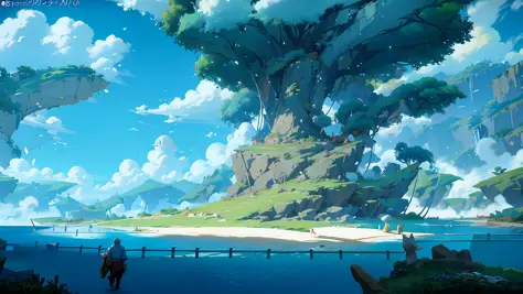 Legendary hero walks beach, anime scene with boat island in the sea, anime landscape concept art, anime scenery, anime scenery, ...