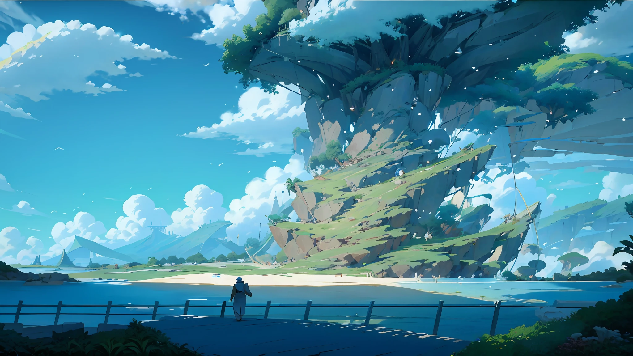 Legendary hero walks beach, anime scene with boat island in the sea, anime landscape concept art, anime scenery, anime scenery, island background, beautiful anime scenery, anime landscape wallpaper, studio ghibli environment, legend of kora setting, magnificent matte painting of island, anime background art, anime beautiful peace scene, studio ghibli landscape, anime scene, anime movie background, sunrise