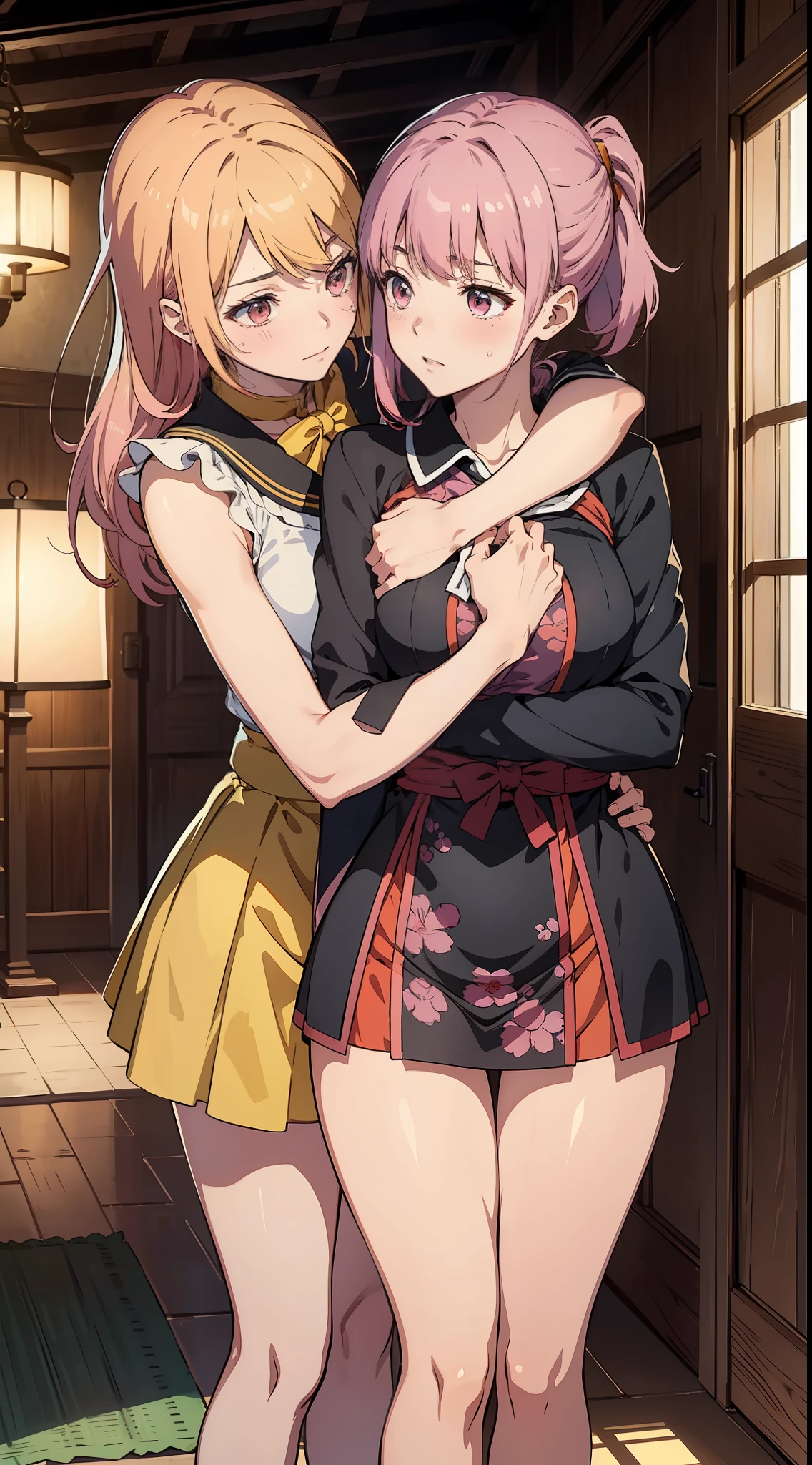 Two anime girls hugging each other in a room - SeaArt AI