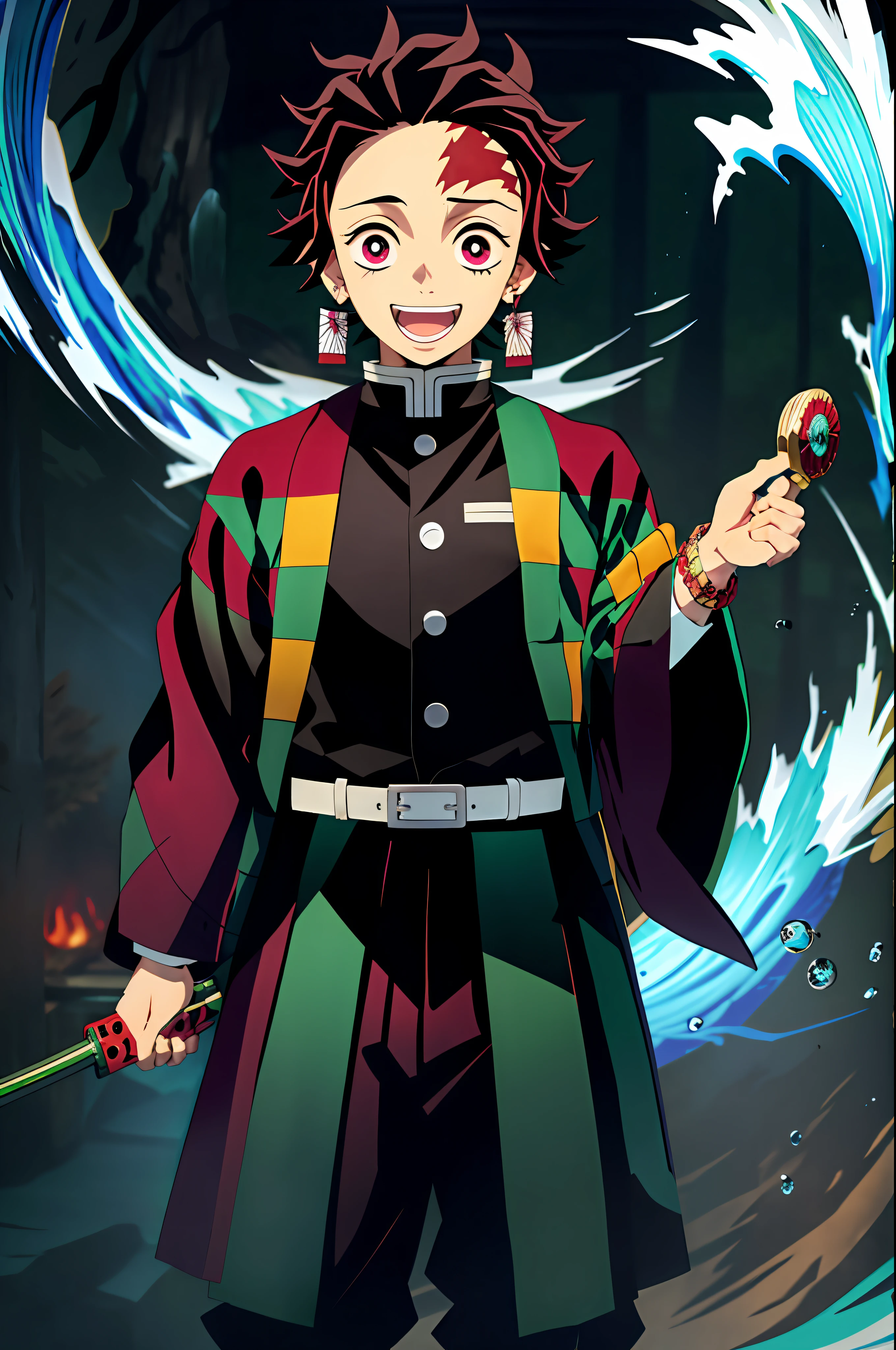 estilo kimetsu no yaiba, Kamado Tanjiro, uniforme de matador de demônios, 1 menino, foco masculino, cicatriz on face, arma, cicatriz, brincos, dentes, joia, calça, cicatriz on forehead, cabelo castanho, cinto, black calça, roupas japonesas, Haori, green Haori, Sozinho, olhos vermelhos, mangas compridas, Coloração de anime, (((Obra de arte)), cara feliz, água