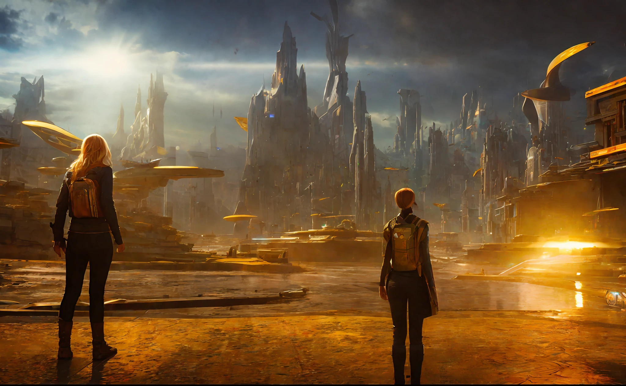 girl on the background of the Stadt, Stil, Sidon, Goldene Strahlen Licht, Goldene Blitze, futuristic Science-Fiction Stadt landscape, Science-Fiction, ultra-realistisch, hohe Auflösung, Stadt