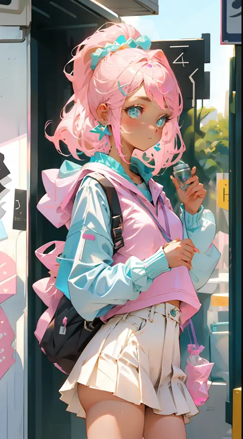girl, in the style of pink and aquamarine --style cute